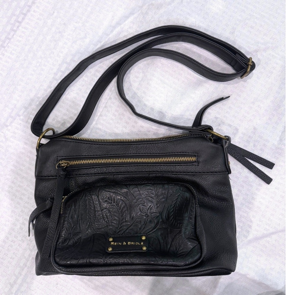 Rein & Bridle Leather Crossbody Bag Black Tooled Floral Embossed Boho Purse